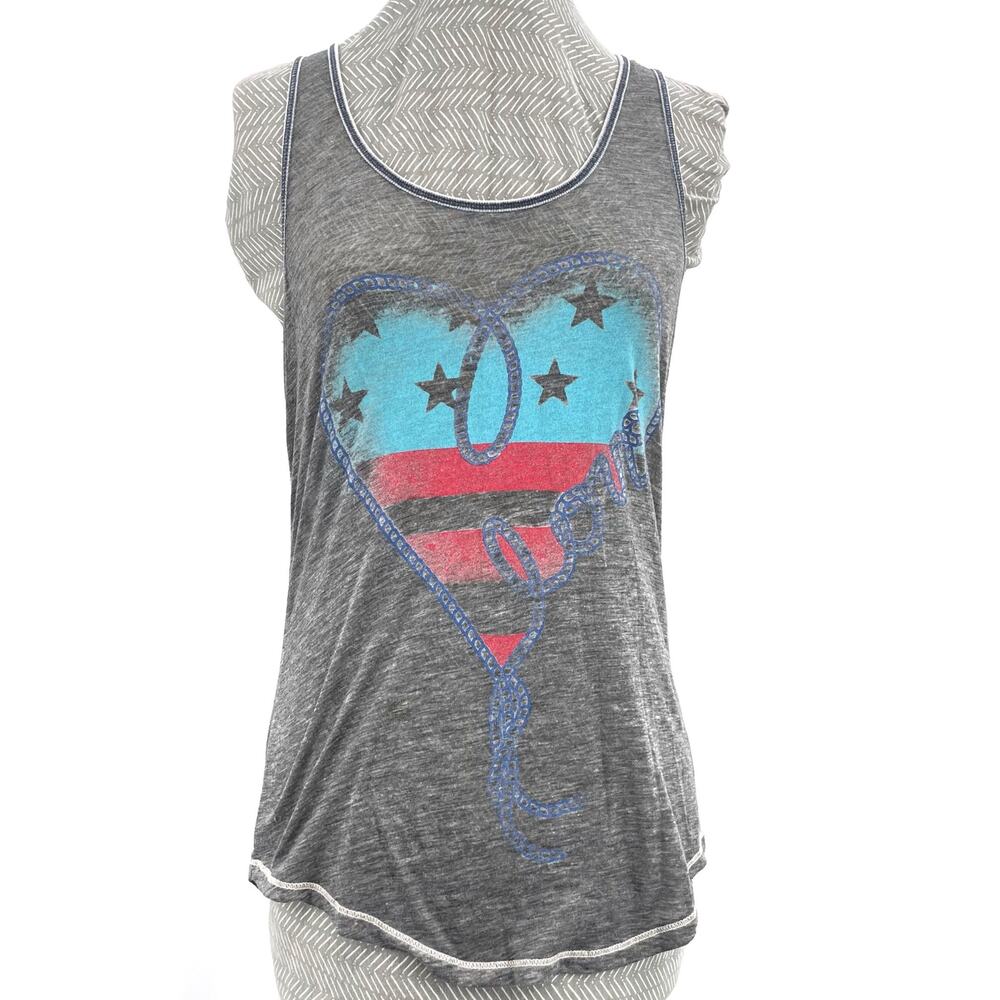 Gray Cowgirl Tank Top Love Rodeo Sheer Red White Blue Lightweight Racerback XS